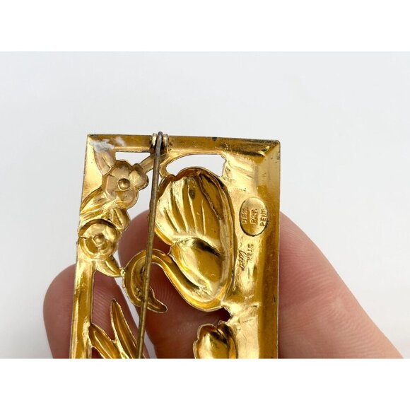 Coro Sterling Signed Vermeil Rectangular Swan Accented Figural Vintage Brooch - Picture 2 of 7